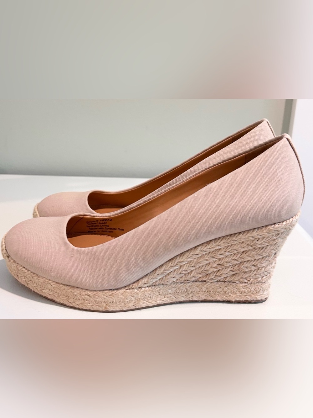 J.Crew Beige Canvas Espadrille Wedge Heels Size 7.5 Neutral Platform Pumps - Picture 2 of 8